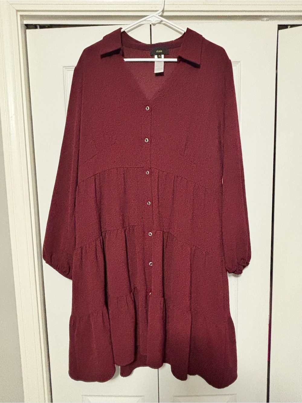 Collared Burgundy Tiered Button-Front Long Sleeve Dress